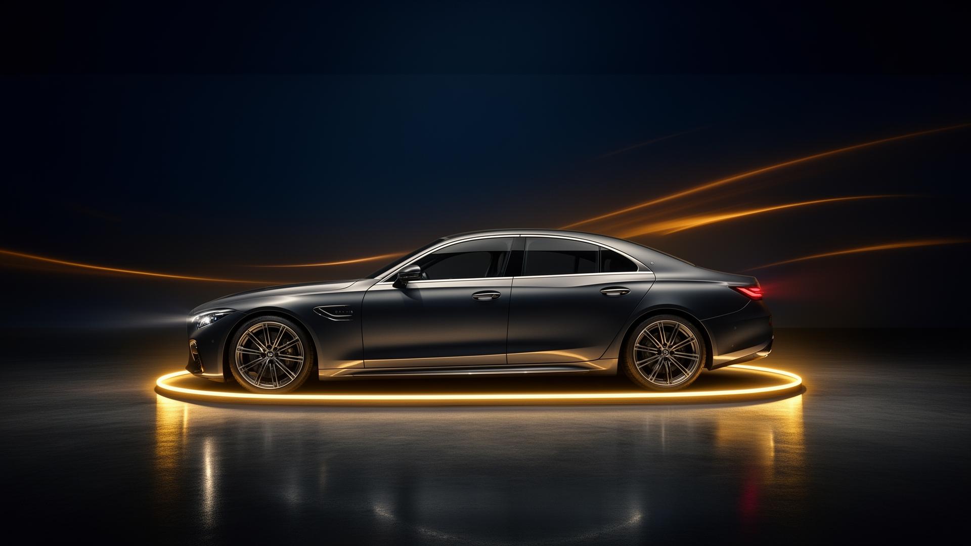Luxury sedan in showroom lighting